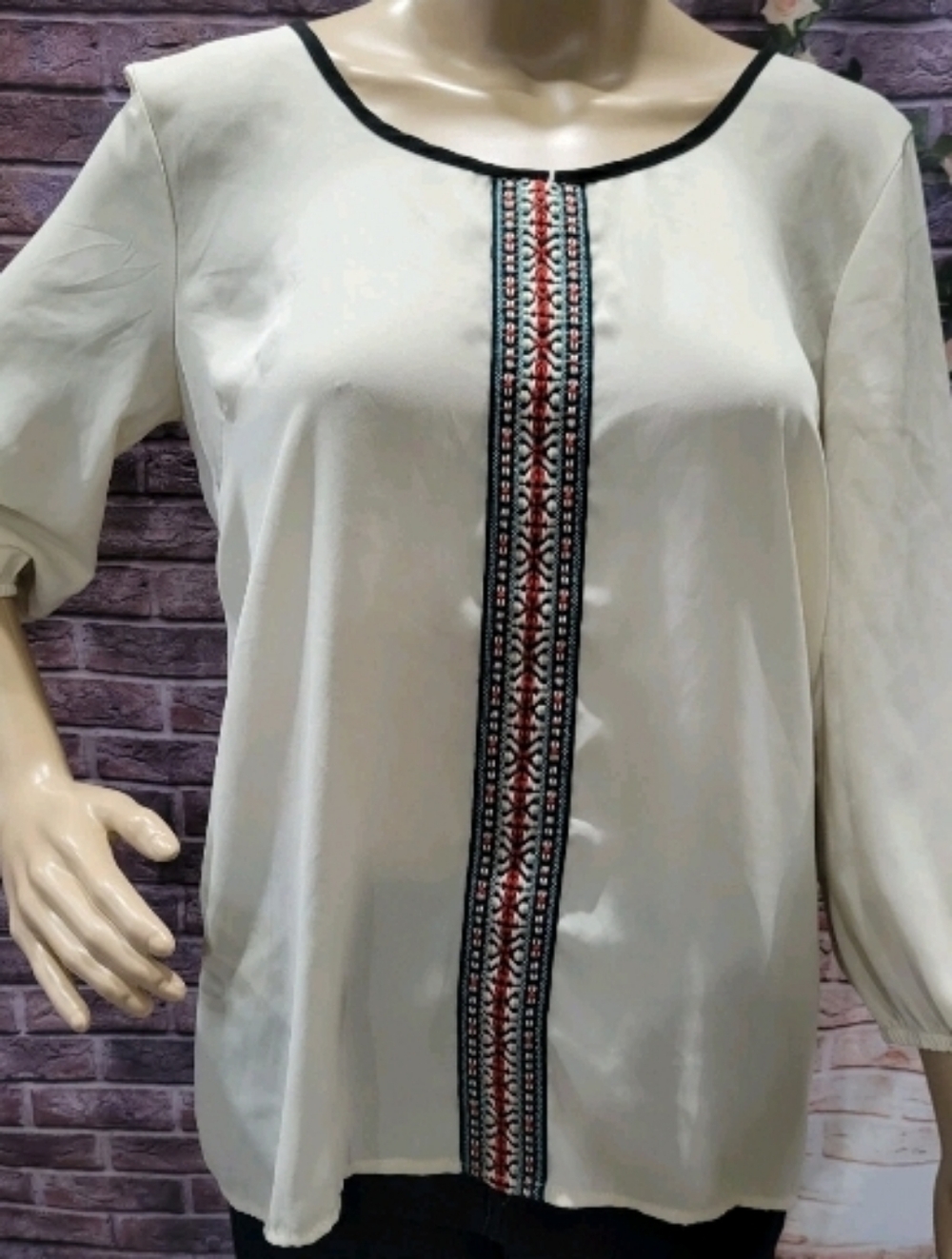 Ivory Colored Sheer High Low Flowy Blouse Embroidered Aztec Front Detail